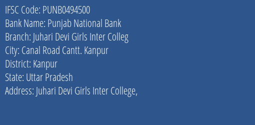 Punjab National Bank Juhari Devi Girls Inter Colleg Branch Kanpur IFSC Code PUNB0494500