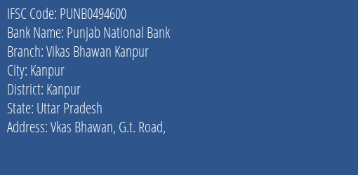 Punjab National Bank Vikas Bhawan Kanpur Branch IFSC Code