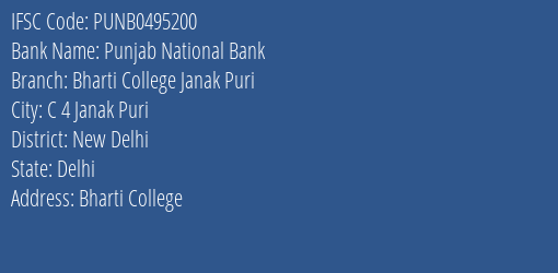 Punjab National Bank Bharti College Janak Puri Branch IFSC Code