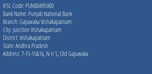 Punjab National Bank Gajuwaka Vishakapatnam Branch, Branch Code 495900 & IFSC Code PUNB0495900