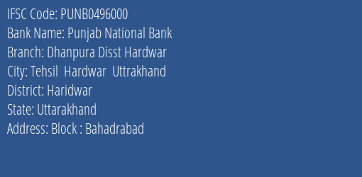 Punjab National Bank Dhanpura Disst Hardwar Branch Haridwar IFSC Code PUNB0496000