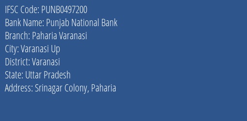 Punjab National Bank Paharia Varanasi Branch, Branch Code 497200 & IFSC Code Punb0497200