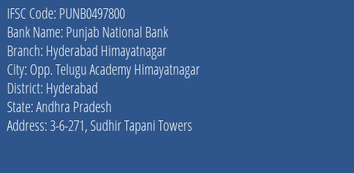 Punjab National Bank Hyderabad Himayatnagar Branch, Branch Code 497800 & IFSC Code PUNB0497800