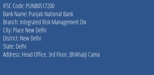 Punjab National Bank Integrated Risk Management Div Branch, Branch Code 517200 & IFSC Code PUNB0517200