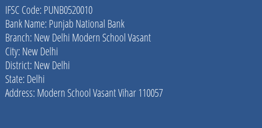 Punjab National Bank New Delhi Modern School Vasant Branch New Delhi IFSC Code PUNB0520010