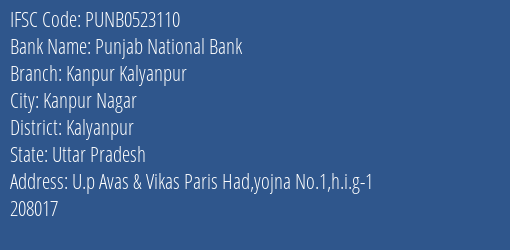 Punjab National Bank Kanpur Kalyanpur Branch Kalyanpur IFSC Code PUNB0523110