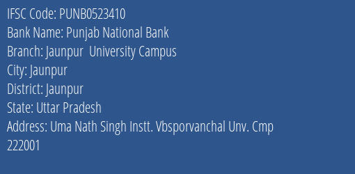 Punjab National Bank Jaunpur University Campus Branch Jaunpur IFSC Code PUNB0523410