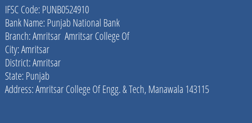 Punjab National Bank Amritsar Amritsar College Of Branch, Branch Code 524910 & IFSC Code PUNB0524910