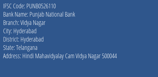 Punjab National Bank Vidya Nagar Branch, Branch Code 526110 & IFSC Code PUNB0526110