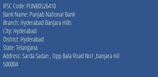 Punjab National Bank Hyderabad Banjara Hills Branch, Branch Code 526410 & IFSC Code PUNB0526410