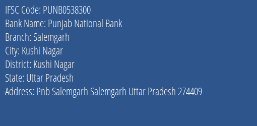 Punjab National Bank Salemgarh Branch Kushi Nagar IFSC Code PUNB0538300
