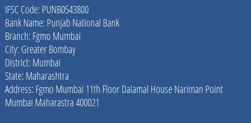 Punjab National Bank Fgmo Mumbai Branch IFSC Code