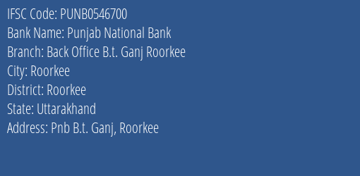 Punjab National Bank Back Office B.t. Ganj Roorkee Branch Roorkee IFSC Code PUNB0546700