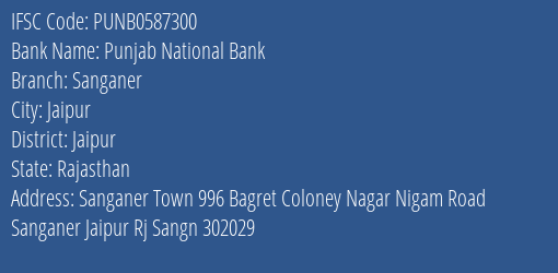 Punjab National Bank Sanganer Branch, Branch Code 587300 & IFSC Code PUNB0587300