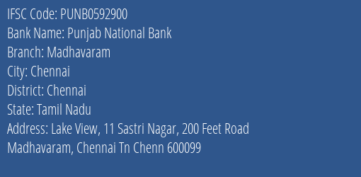Punjab National Bank Madhavaram Branch, Branch Code 592900 & IFSC Code PUNB0592900