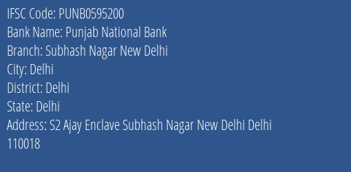 Punjab National Bank Subhash Nagar New Delhi Branch Delhi IFSC Code PUNB0595200