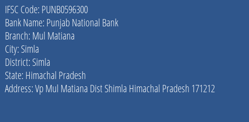 Punjab National Bank Mul Matiana Branch Simla IFSC Code PUNB0596300