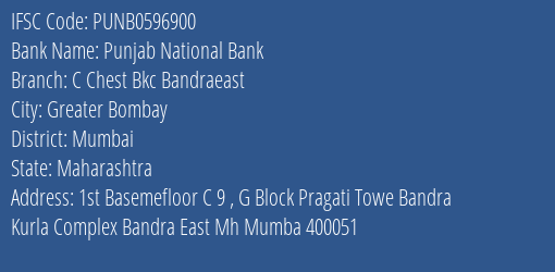 Punjab National Bank C Chest Bkc Bandraeast Branch, Branch Code 596900 & IFSC Code PUNB0596900