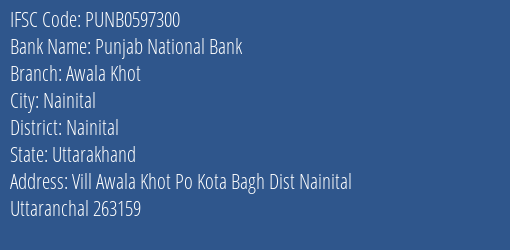 Punjab National Bank Awala Khot Branch, Branch Code 597300 & IFSC Code PUNB0597300