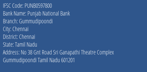 Punjab National Bank Gummudipoondi Branch Chennai IFSC Code PUNB0597800