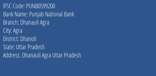 Punjab National Bank Dhanauli Agra Branch Dhanoli IFSC Code PUNB0599200