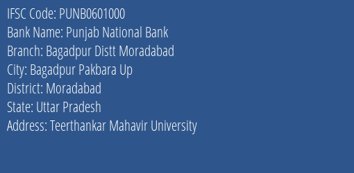 Punjab National Bank Bagadpur Distt Moradabad Branch Moradabad IFSC Code PUNB0601000