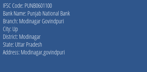Punjab National Bank Modinagar Govindpuri Branch Modinagar IFSC Code PUNB0601100