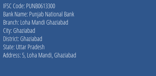 Punjab National Bank Loha Mandi Ghaziabad Branch Ghaziabad IFSC Code PUNB0613300