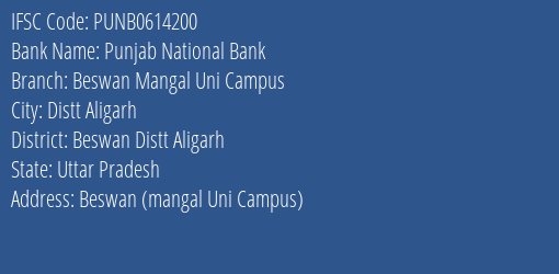 Punjab National Bank Beswan Mangal Uni Campus Branch Beswan Distt Aligarh IFSC Code PUNB0614200