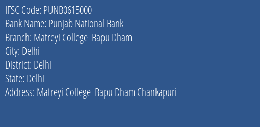 Punjab National Bank Matreyi College Bapu Dham Branch, Branch Code 615000 & IFSC Code PUNB0615000