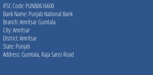 Punjab National Bank Amritsar Gumtala Branch IFSC Code