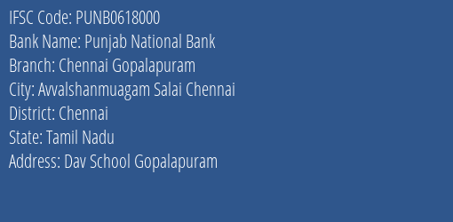 Punjab National Bank Chennai Gopalapuram Branch, Branch Code 618000 & IFSC Code PUNB0618000