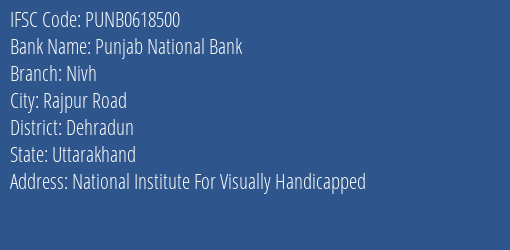 Punjab National Bank Nivh Branch Dehradun IFSC Code PUNB0618500
