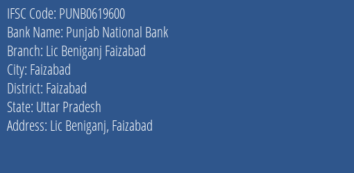 Punjab National Bank Lic Beniganj Faizabad Branch, Branch Code 619600 & IFSC Code Punb0619600