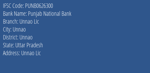 Punjab National Bank Unnao Lic Branch, Branch Code 626300 & IFSC Code Punb0626300