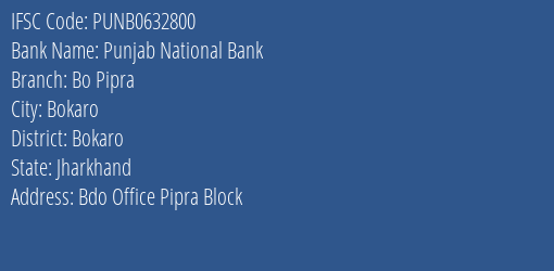 Punjab National Bank Bo Pipra Branch Bokaro IFSC Code PUNB0632800