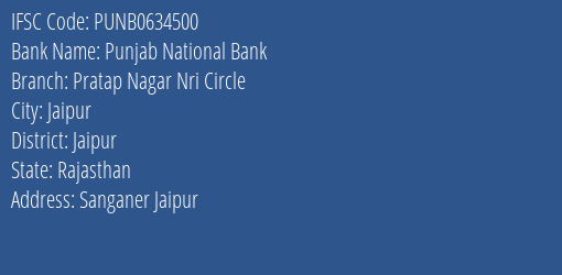 Punjab National Bank Pratap Nagar Nri Circle Branch Jaipur IFSC Code PUNB0634500