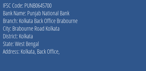 Punjab National Bank Kolkata Back Office Brabourne Branch Kolkata IFSC Code PUNB0645700