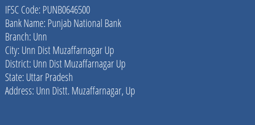 Punjab National Bank Unn Branch Unn Dist Muzaffarnagar Up IFSC Code PUNB0646500
