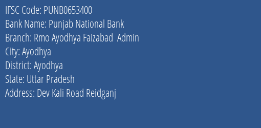 Punjab National Bank Rmo Ayodhya Faizabad Admin Branch Ayodhya IFSC Code PUNB0653400