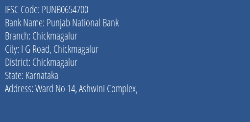 Punjab National Bank Chickmagalur Branch, Branch Code 654700 & IFSC Code PUNB0654700