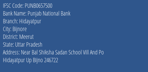Punjab National Bank Hidayatpur Branch Meerut IFSC Code PUNB0657500