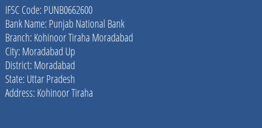 Punjab National Bank Kohinoor Tiraha Moradabad Branch, Branch Code 662600 & IFSC Code Punb0662600