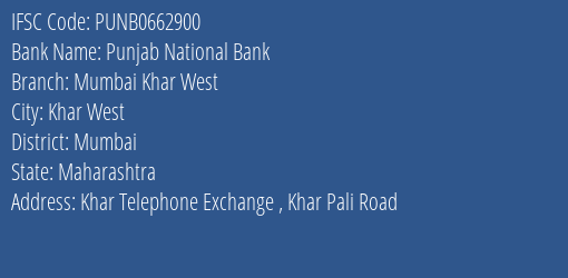 Punjab National Bank Mumbai Khar West Branch IFSC Code