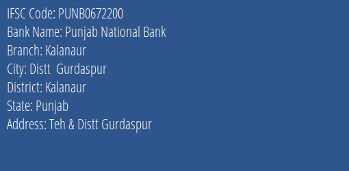 Punjab National Bank Kalanaur Branch, Branch Code 672200 & IFSC Code PUNB0672200