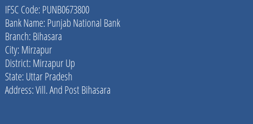 Punjab National Bank Bihasara Branch Mirzapur Up IFSC Code PUNB0673800