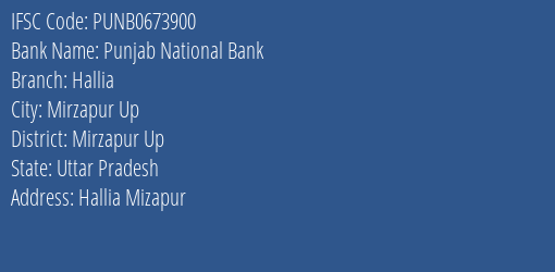 Punjab National Bank Hallia Branch Mirzapur Up IFSC Code PUNB0673900