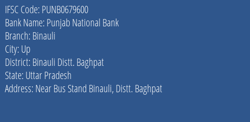 Punjab National Bank Binauli Branch Binauli Distt. Baghpat IFSC Code PUNB0679600