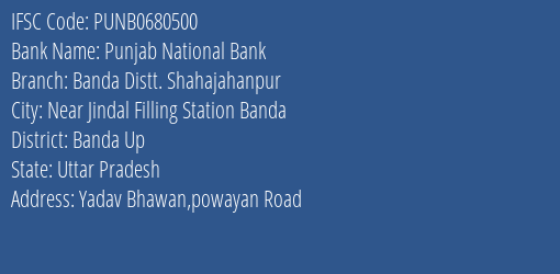 Punjab National Bank Banda Distt. Shahajahanpur Branch Banda Up IFSC Code PUNB0680500