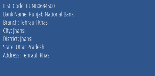 Punjab National Bank Tehrauli Khas Branch Jhansi IFSC Code PUNB0684500